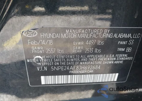 2018 Hyundai Sonata Se z USA, uszkodzony, nr VIN 5NPE24AF8JH692684